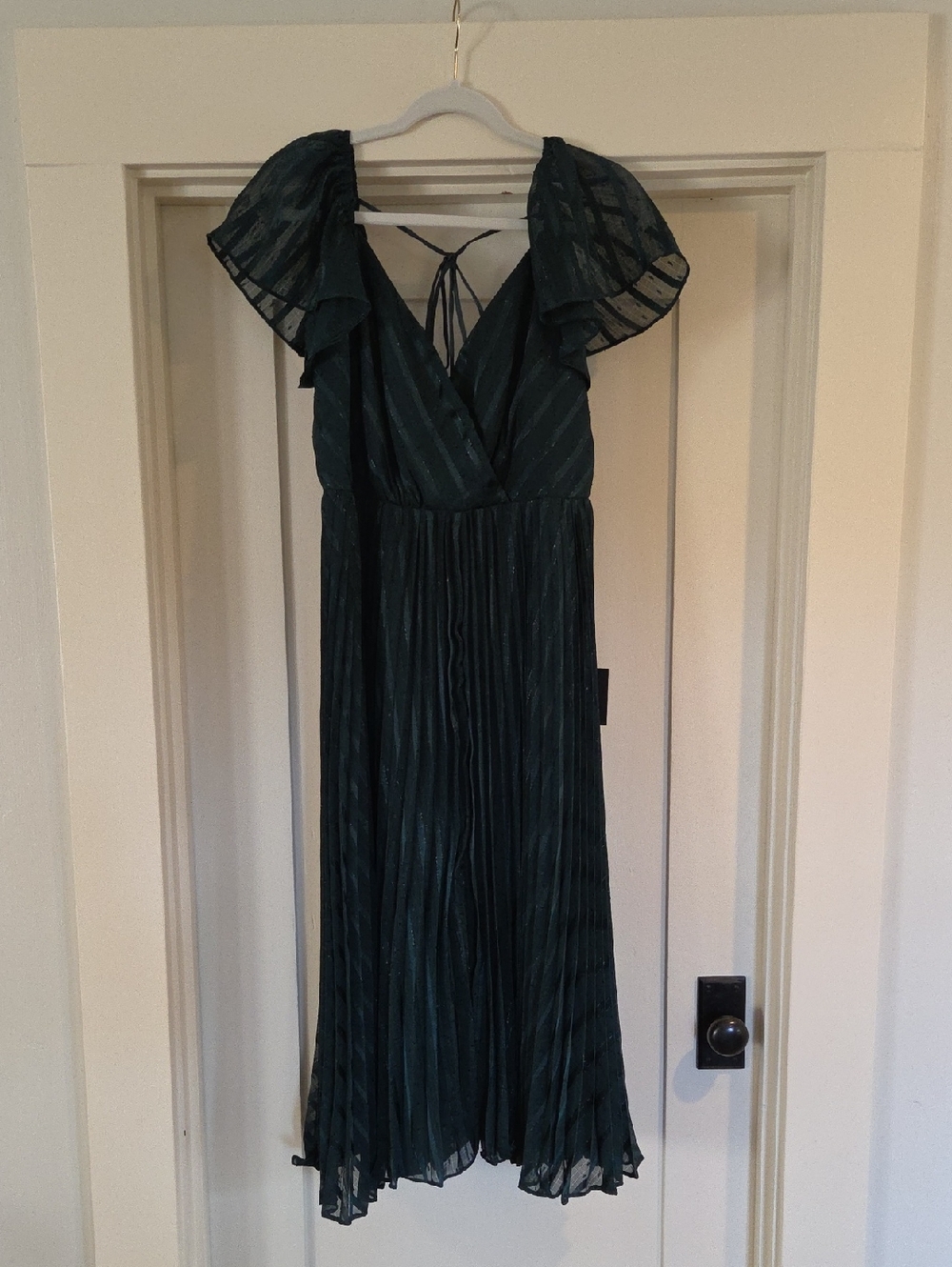 Lulu's Teal-Green Pleated V-Neck Midi Dress with Flutter Cap Sleeves